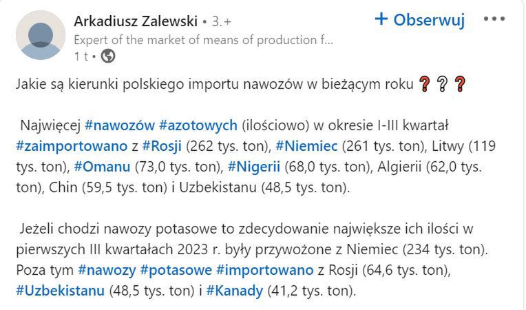 Arkadiusz Zalewski z Instytutu Ekonomiki Rolnictwa i Gospodarki Żywnościowej przedstawia dane o nawozach