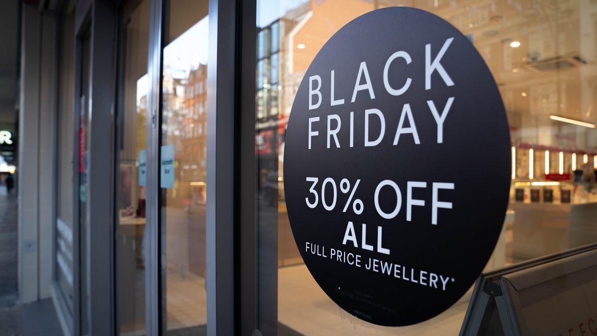 Banners on Oxford Street, central London, ahead of the annual Black Friday sales. Spending by UK consumers on Black Friday is anticipated to fall by almost a quarter as the event's timing ahead of payday coincides with cost-of-living pressures. Picture date: Friday November 17, 2023. (Photo by James Manning/PA Images via Getty Images)