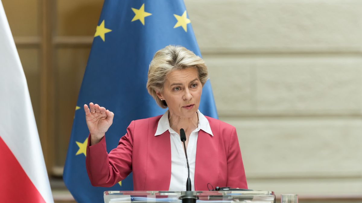 PRAGUE, CZECH REPUBLIC - 2021/07/19: European Commission President Ursula von der Leyen speaks during press conference related to the presentation of Recovery and Resilience Facility. (Photo by Tomas Tkacik/SOPA Images/LightRocket via Getty Images)