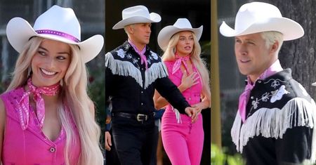 Margot Robbie w roli Barbie i Ryan Gosling jako Ken w kowbojskich stylówkach przechadzają się po planie nowego filmu (ZDJĘCIA)