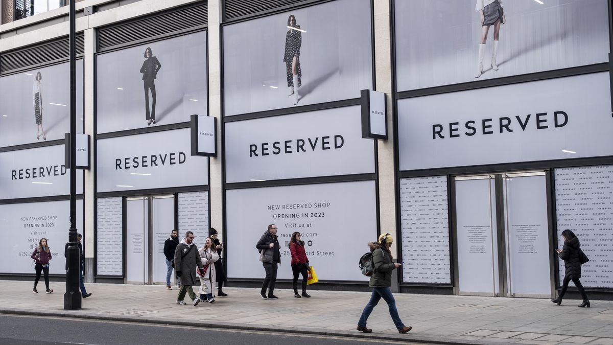 Shoppers and visitors out on Oxford Street pass a currently empty retail space which will soon be taken over by fashin and clothing shop Reserved on 10th Febuary 2023 in London, United Kingdom. Oxford Street is a major retail centre in the West End of the capital and is Europes busiest shopping street with around half a million daily visitors to its approximately 300 shops, the majority of which are fashion and high street clothing stores. (photo by Mike Kemp/In Pictures via Getty Images)