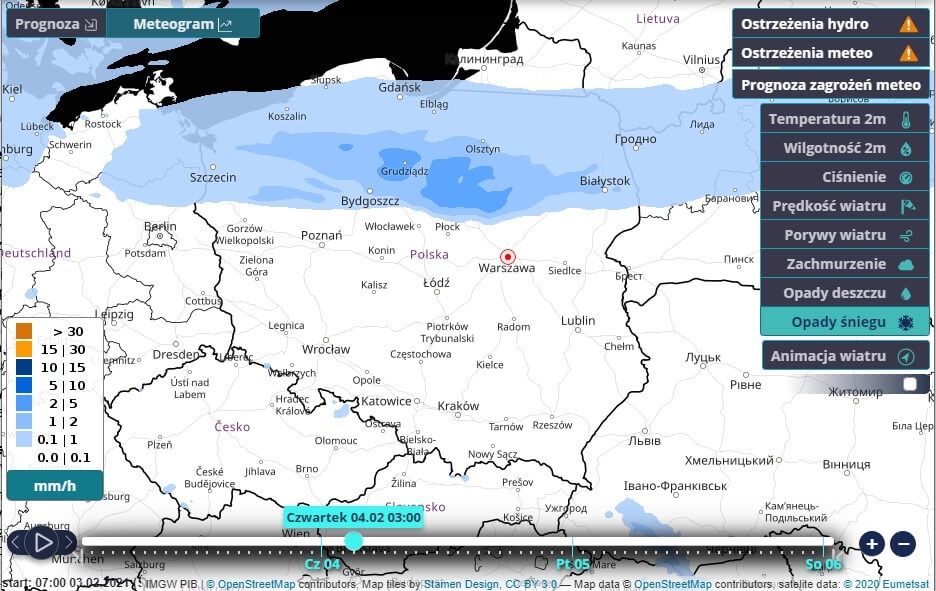 Prognozowana wysokość opadów śniegu w czwartek 04.02.2021 o godzinie 03:00