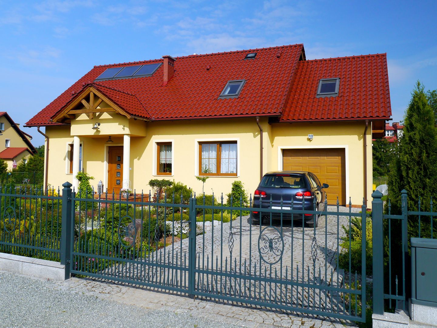 house, home, cottage, dwelling, detached, fence, iron, gate, car, sky, sunny, summer, poland, eastern europe, windows, plaster, stucco, yard, parking, lot
