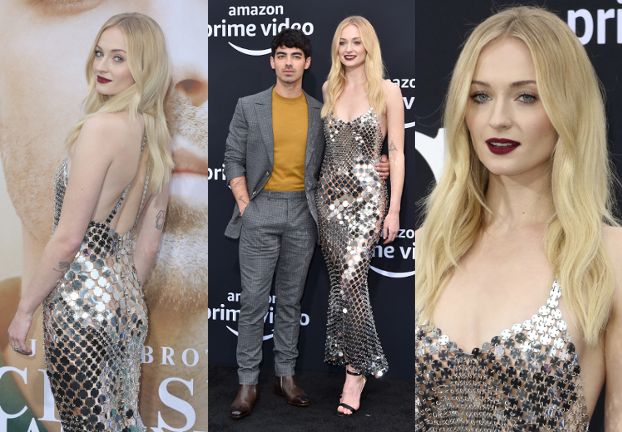 Blada Sophie Turner w srebrnej kreacji góruje nad mężem na premierze filmu