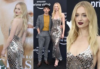 Blada Sophie Turner w srebrnej kreacji góruje nad mężem na premierze filmu