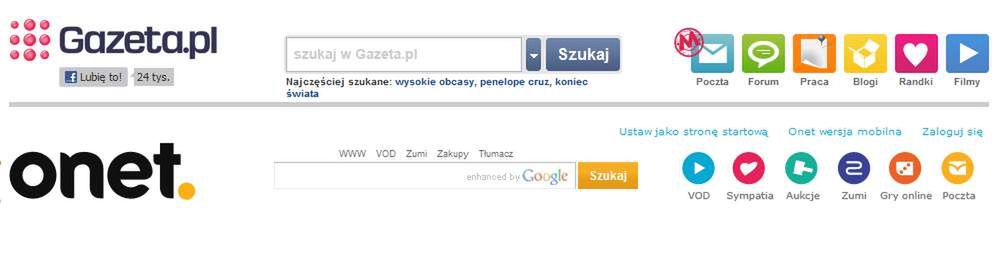 Górne paski serwisów Gazeta.pl i Onet.pl