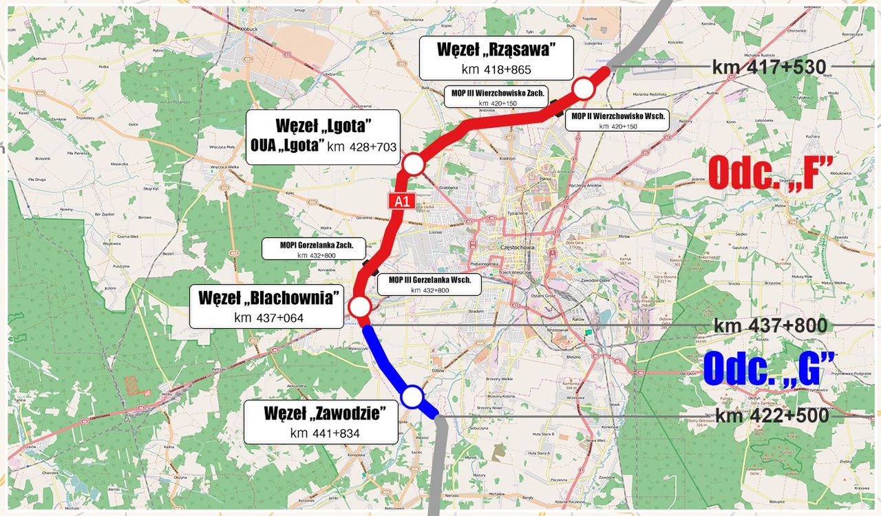Mapa autostradowej (A1) obwodnicy Częstochowy 