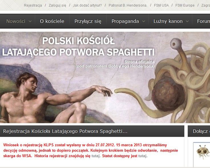 Kościół Latającego Potwora Spaghetti nie został zarejestrowany