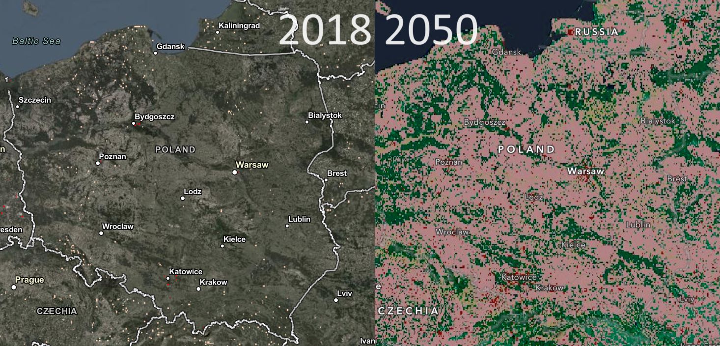 Mapa Polski w 2018 i 2050 roku z widocznymi zmianami