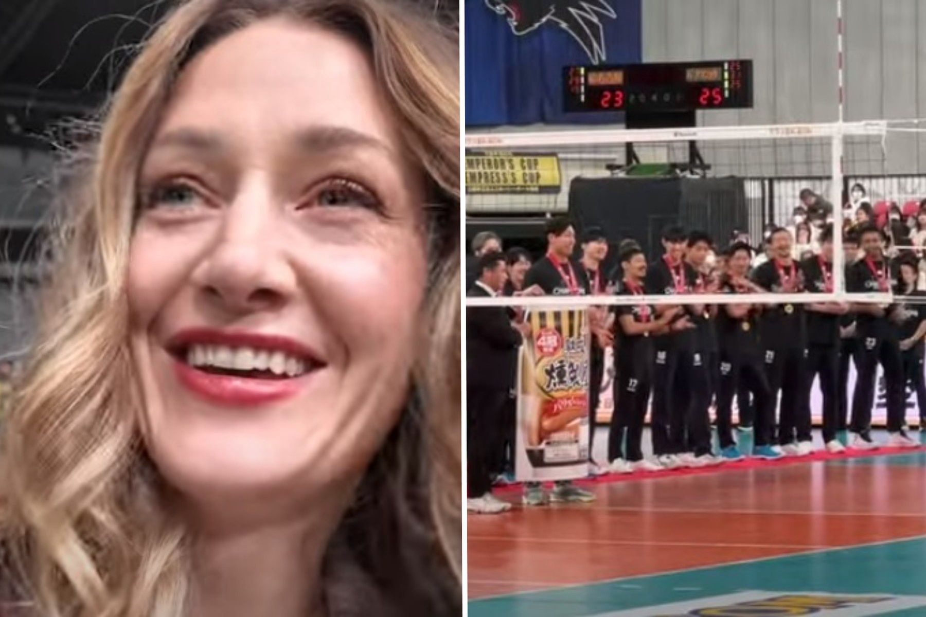 Na zdjęciu: Anna Kurek i siatkarze odbierający parówki