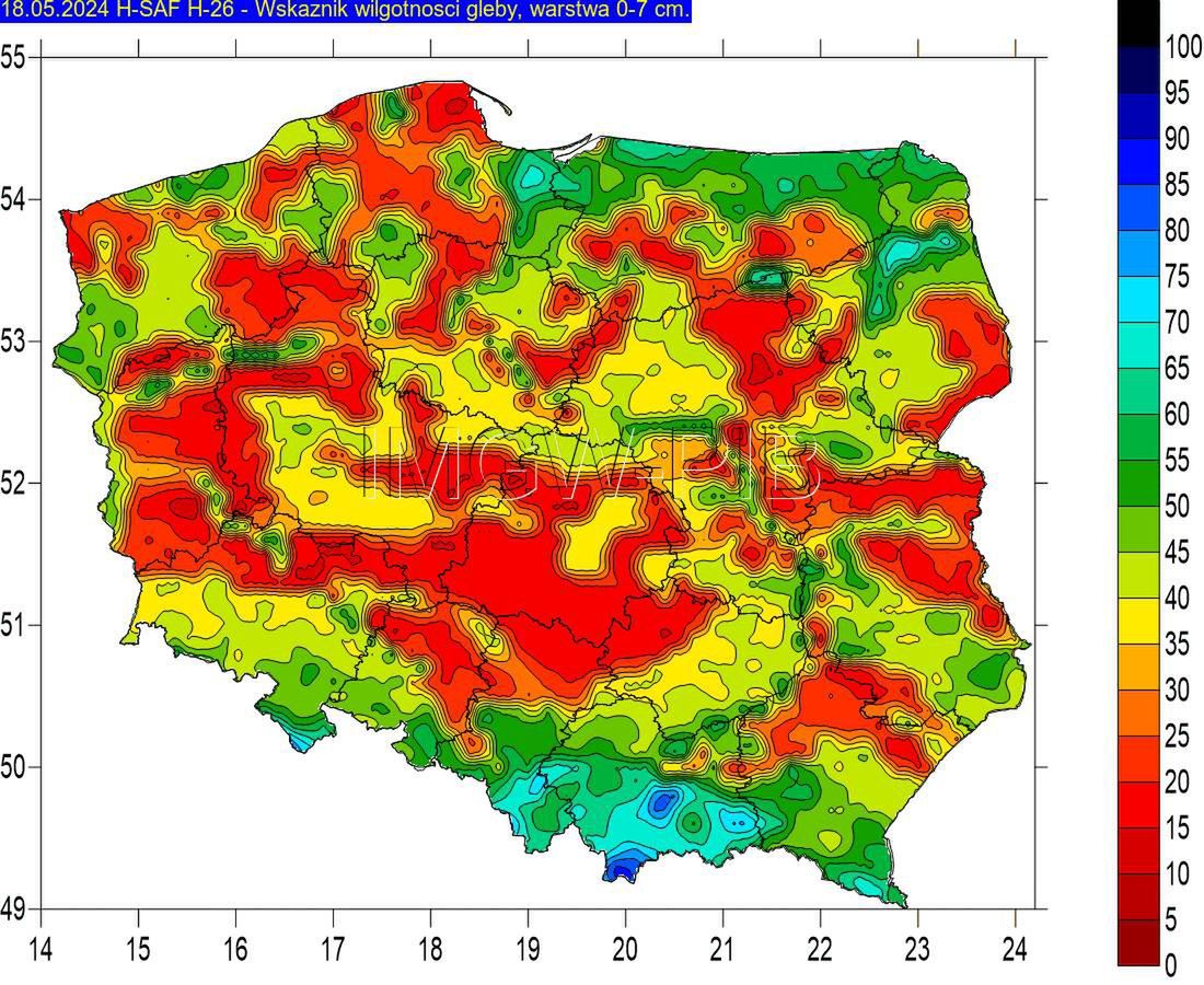 Mapa wilgotności gleby 18 maja 2024 r.