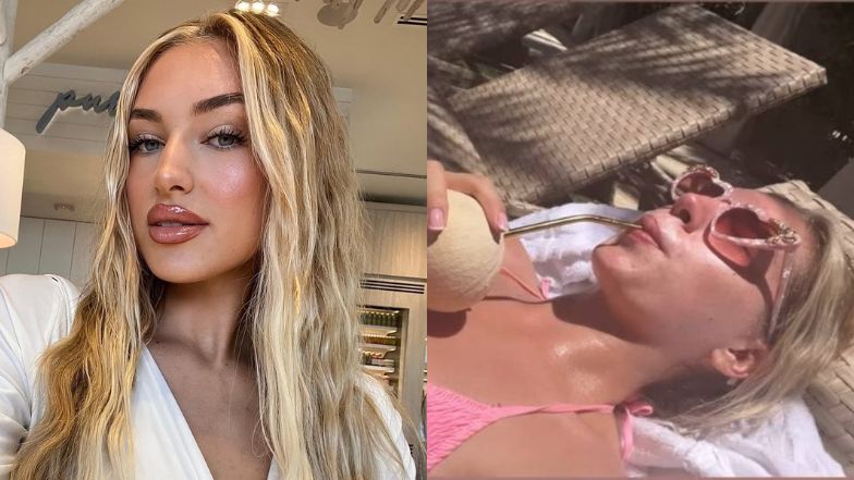 Naturalna Caroline Derpienski eksponuje sylwetkę w różowym bikini, sącząc kokosowego drinka