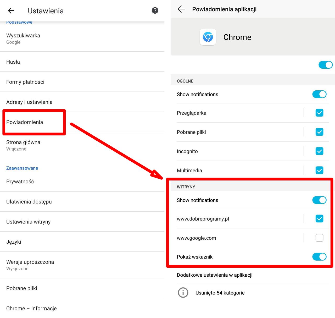 Ustawienia powiadomień Google Chrome, Android