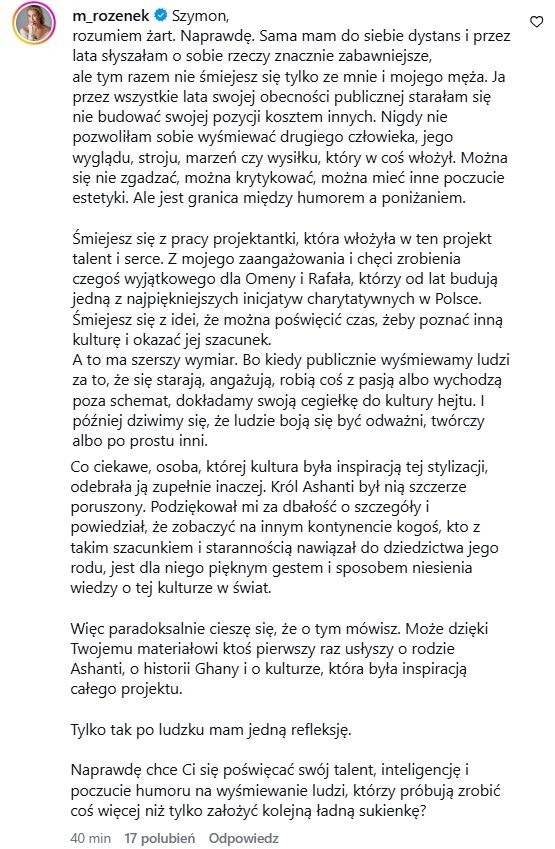 Komentarz Małgorzaty Rozenek-Majdan na Instagramie
