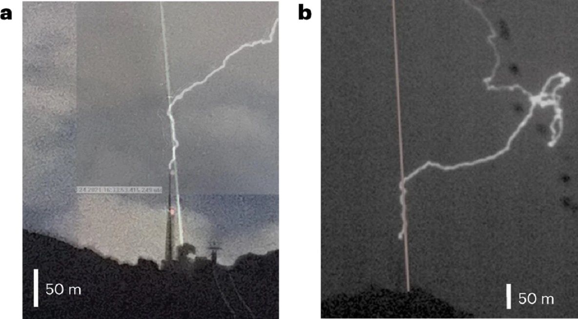 Change of lightning direction captured in photos using a laser.