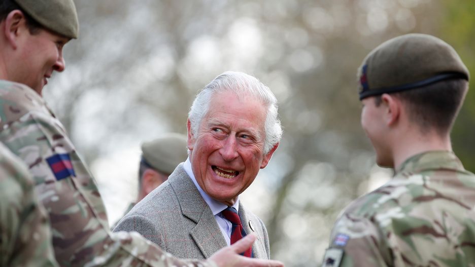 WINDSOR, ENGLAND - MAY 05: Prince Charles, Prince of Wales speaks with soldiers of the Welsh Guards during a visit to Combermere Barracks on May 5, 2021 in Windsor, England. (Photo by Peter Cziborra - WPA Pool/Getty Images)