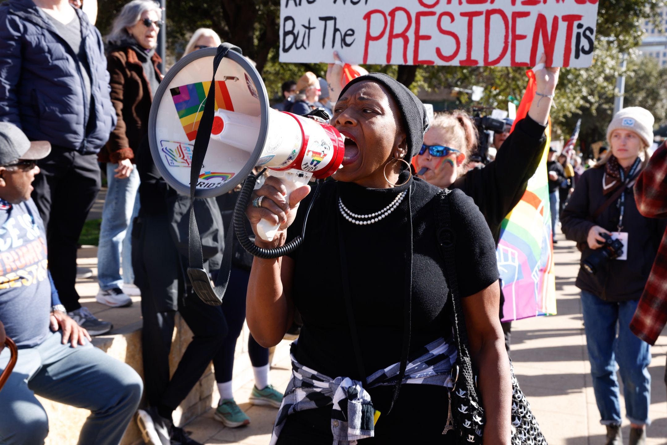 Joycelyn Henderson protests outside of Austin City Hall in Austin, Texas, on January 10, 2026, as hundreds gather to rally against ICE in the wake of the fatal shooting of Renee Nicole Good. (Photo by Stephanie Tacy/NurPhoto via Getty Images)