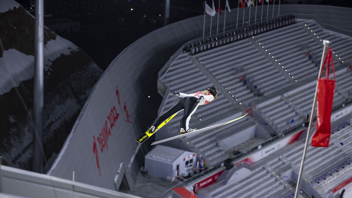 ZHANGJIAKOU, CHINA - FEBRUARY 07: Nika Kriznar of Slovenia in action competes during the ski jumping mixed relay during the Beijing 2022 Winter Olympics at National Ski Jumping Centre on February 7, 2022 in Zhangjiakou, China. (Photo by Tom Weller/VOIGT/DeFodi Images via Getty Images)