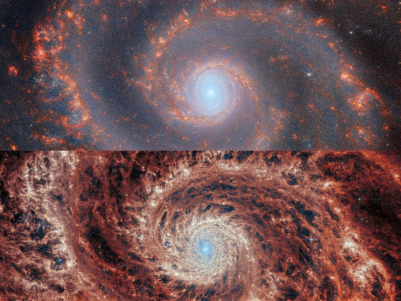 Galaktyka Wir (M51) widziana przez JWST. Na górze obraz z instrumentu NIRCam (Near-InfrarRed Camera), a na dole z MIRI (Mid-InfraRed Instrument)