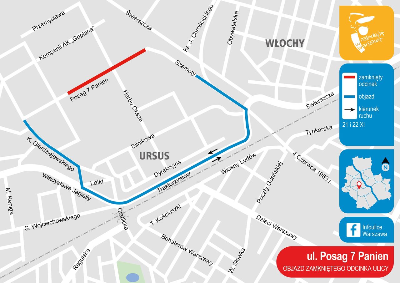 Warszawa. Objazd na ulicy Posag 7 Panien