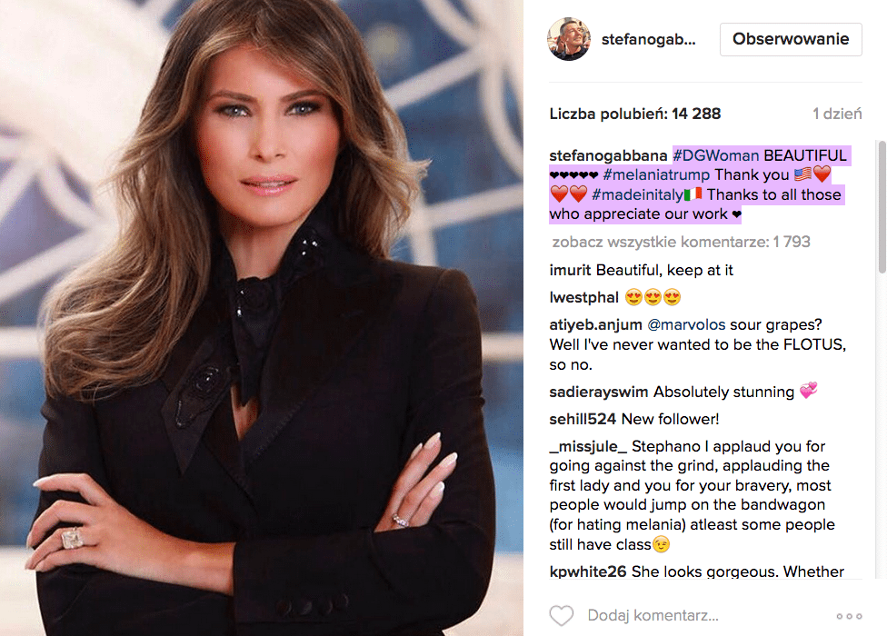 Melania Trump na Instagramie Stefano Gabbana