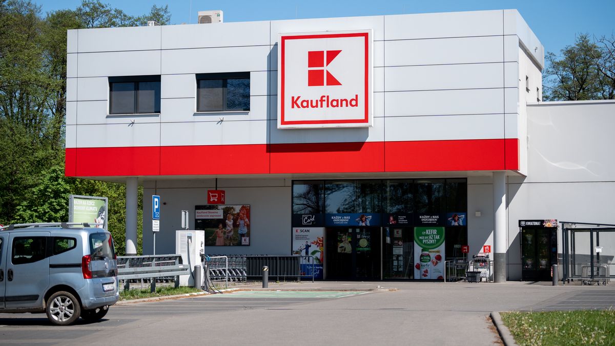 A Kaufland supermarket with a logo sign is seen in Skawina, Poland, on May 10, 2026. The image shows the signboard of the German hypermarket chain with the brand logotype display at a retail grocery store. (Photo by Marcin Golba/NurPhoto via Getty Images)