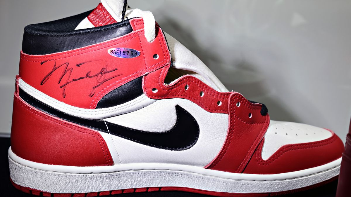 NEW YORK, NEW YORK - APRIL 05: Michael Jordan signed 1985 'Player Sample' Air Jordan 1s is on display during VICTORIAM, a special two-part curated collection of sports artifacts on auction at Sotheby's on April 05, 2023 in New York City. (Photo by Cindy Ord/Getty Images)