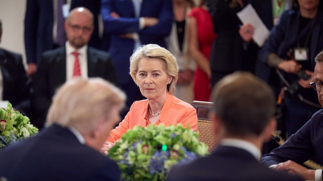 WASHINGTON D.C., UNITED STATES - AUGUST 18:  (----EDITORIAL USE ONLY - MANDATORY CREDIT - 'UKRAINIAN PRESIDENCY / HANDOUT' - NO MARKETING NO ADVERTISING CAMPAIGNS - DISTRIBUTED AS A SERVICE TO CLIENTS----) European Commission President Ursula von der Leyen attends the multilateral meeting with European leaders in the East Room of the White House in Washington D.C., United States on August 18, 2025. European leaders meeting in Washington on Monday underlined that robust security guarantees for Ukraine will be essential to achieve a just and lasting peace, while also renewing calls for an urgent ceasefire. (Photo by Ukrainian Presidency / Handout/Anadolu via Getty Images)