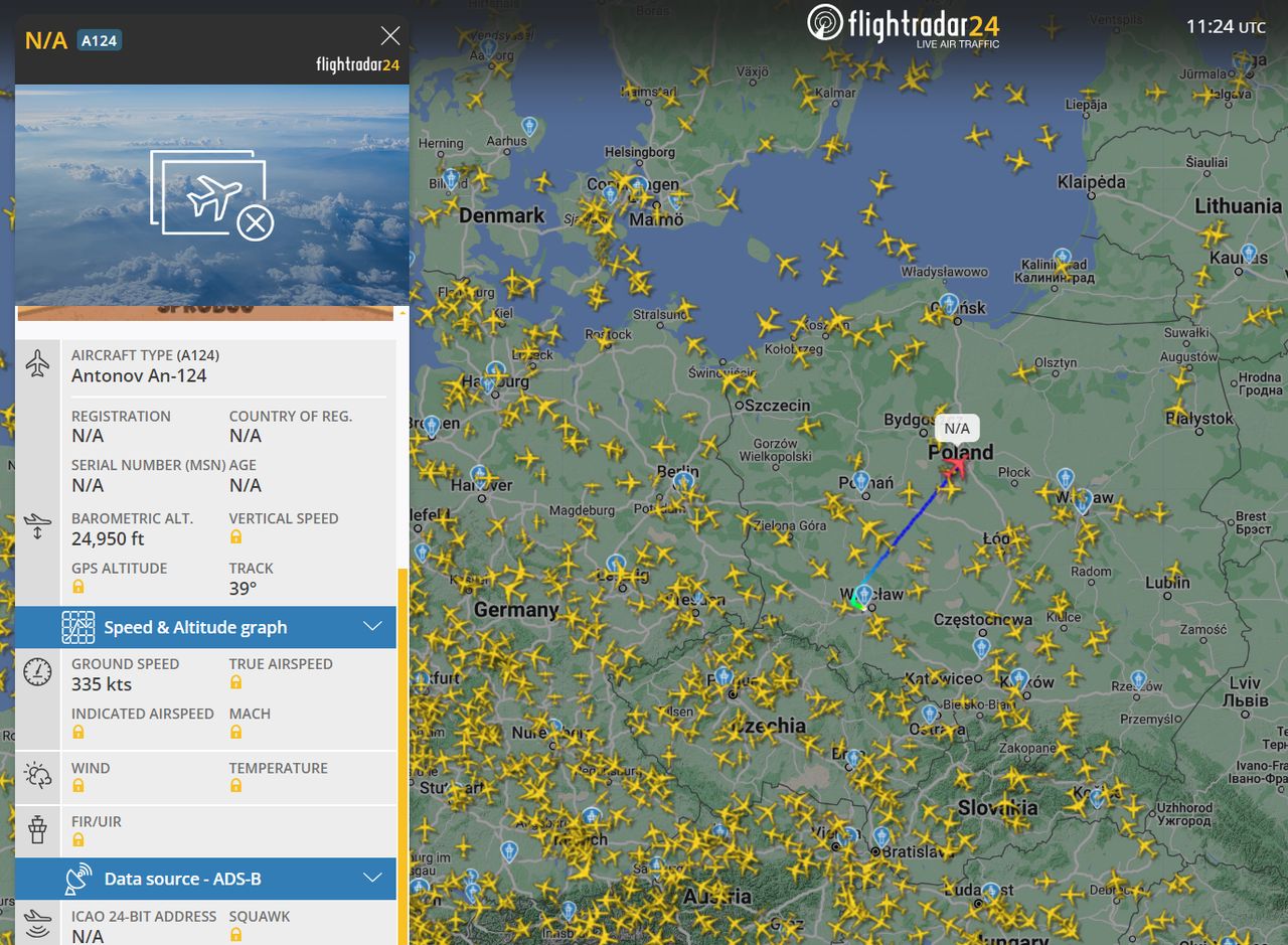 Antonov An-124 nad Polską po wylocie z Wrocławia