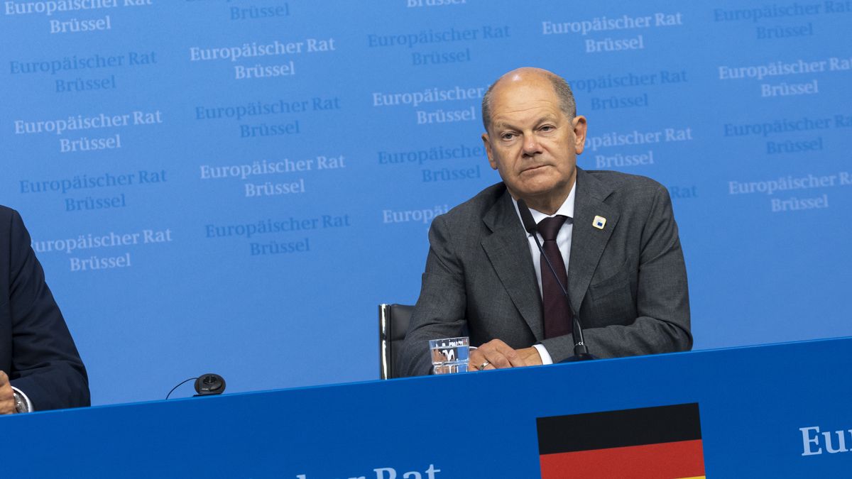 Federal chancellor of the Federal Republic of Germany Olaf Scholz at the European Council after the end of the summit at a press conference. The German Chancellor does press statement and responds questions from journalist of international media. The summit of the EU leaders was about the bloc signing a security agreement with Ukraine and held discussions on further military support while the President of Ukraine was earlier at the Council, discussed bloc's defence, future strategic agenda, Middle East, security while the EU heads of states agreed on the top official nominations for the blocs key power roles. EUCO, Brussels, Belgium on June 28, 2024  (Photo by Nicolas Economou/NurPhoto via Getty Images)