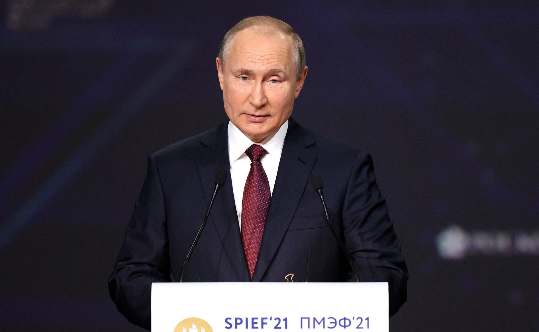 SAINT PETERSBURG, RUSSIA - JUNE 04:  (----EDITORIAL USE ONLY â MANDATORY CREDIT - " KREMLIN PRESS SERVICE / HANDOUT" - NO MARKETING NO ADVERTISING CAMPAIGNS - DISTRIBUTED AS A SERVICE TO CLIENTS----) Russian President Vladimir Putin speaks during St. Petersburg International Economic Forum (SPIEF) in St. Petersburg, Russia on June 04, 2021. (Photo by Kremlin Pess Service/Handout/Anadolu Agency via Getty Images)