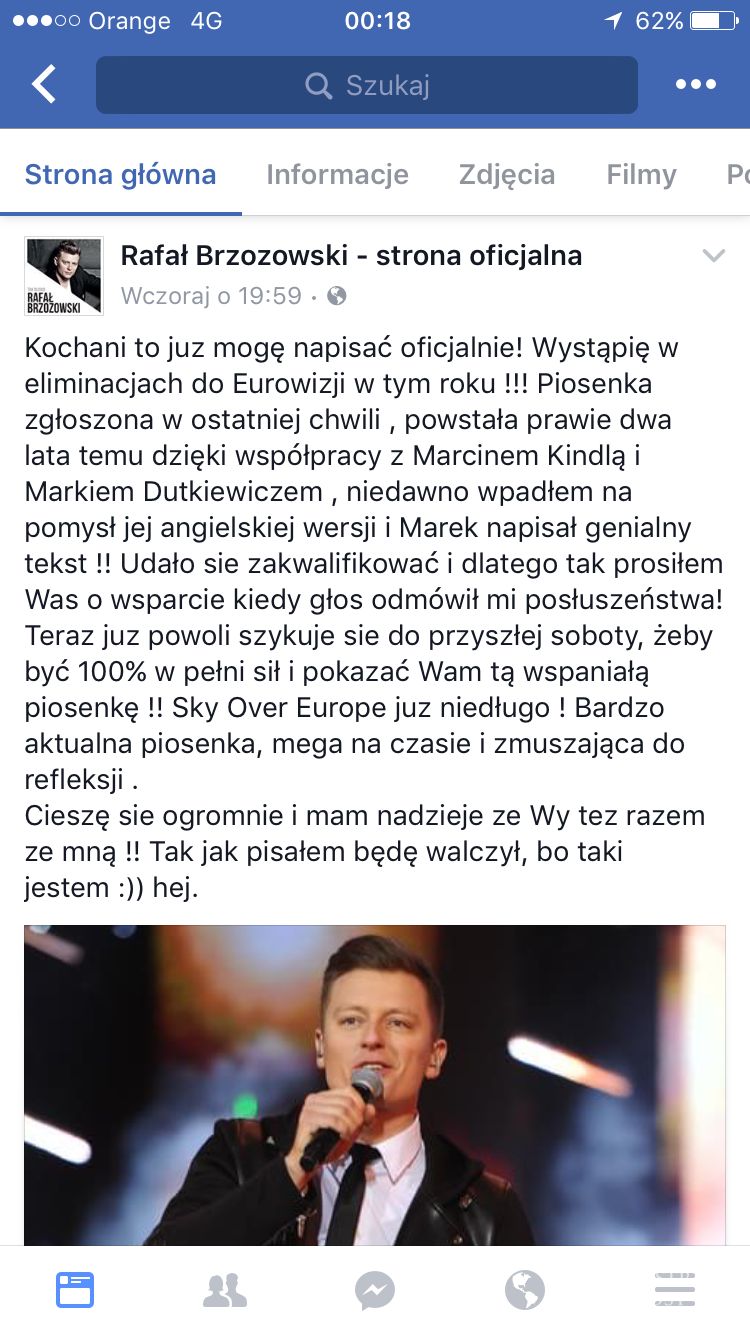 Rafał Brzozowski o udziale w preselekcjach na Eurowizję 2017