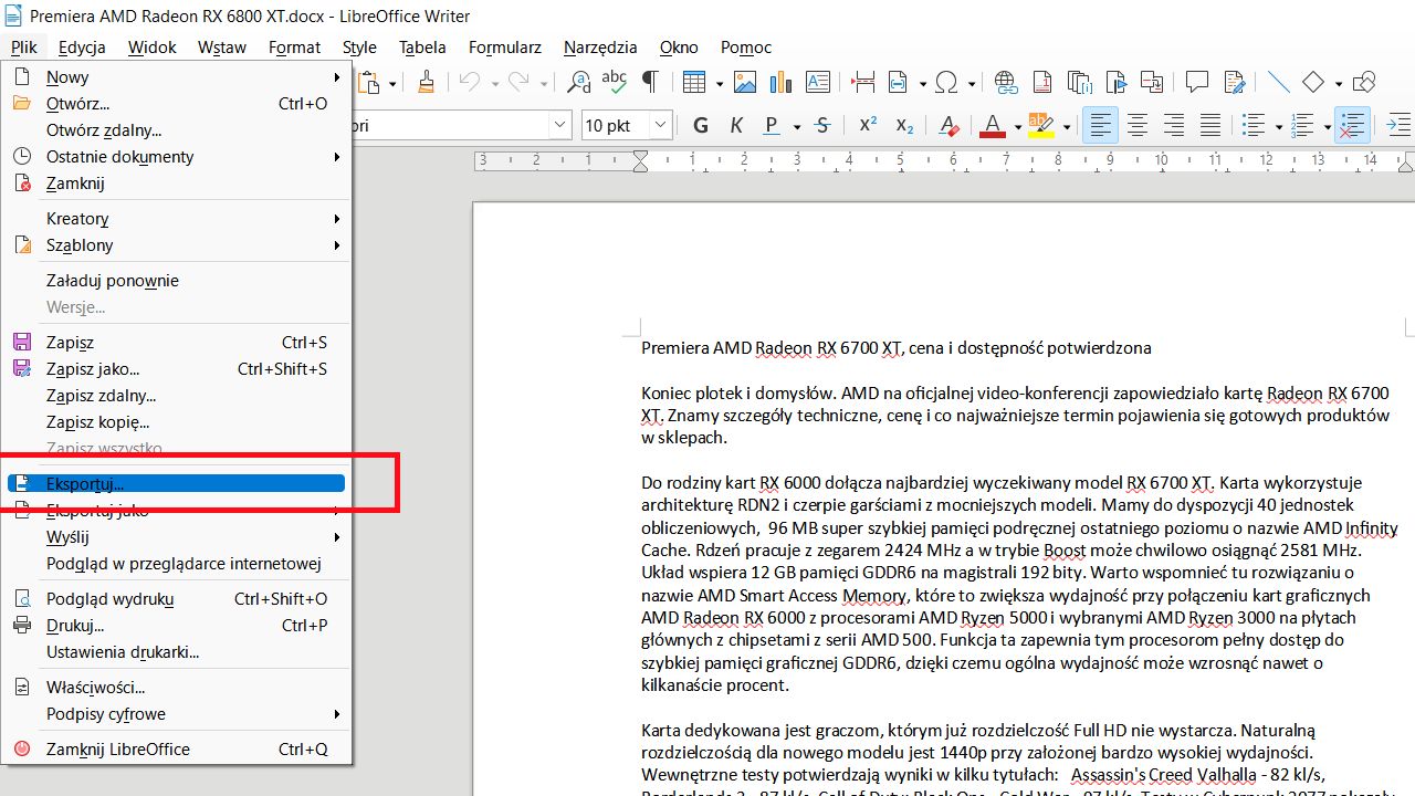 LibreOffice Writer: menu PLIK, Eksportuj