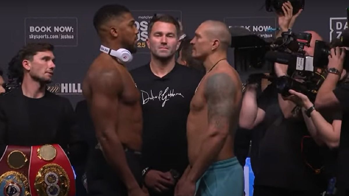 YouTube / Na zdjęciu: Anthony Joshua i Ołeksandr Usyk na ważeniu przed walką o mistrzowskie pasy w wadze ciężkiej