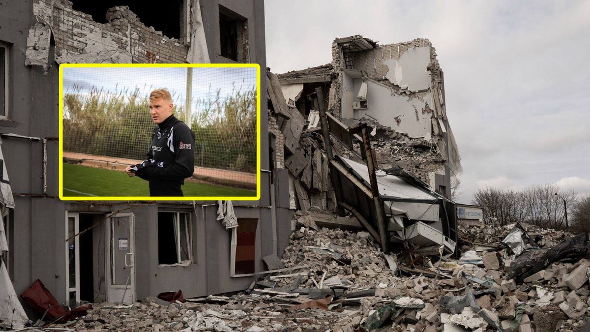 zniszczona szkoła w Chersoniu / w ramce: Wiktor Kowałenko