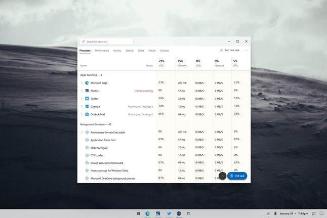 Graficzny koncept odświeżonego Menedżera zadań Windowsa 10, źródło: rayugadark / reddit.
