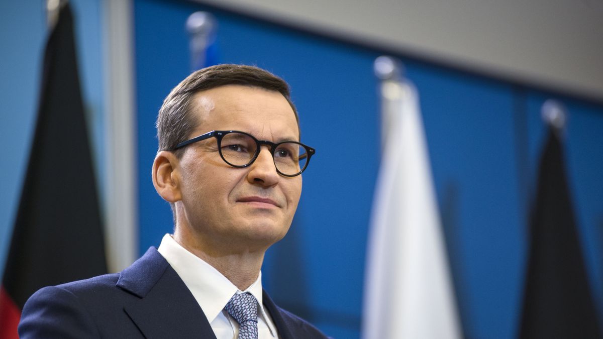 WARSAW, POLAND - 2021/12/12: Prime Minister Mateusz Morawiecki seen speaking during a press conference.Four days after taking office, German Chancellor Olaf Scholz paid an inaugural visit to neighboring Poland on Sunday 12th of December. Olaf Scholz was welcomed by Polish Prime Minister Mateusz Morawiecki. After political talks, Olaf Scholz and Mateusz Morawiecki attended a press conference at the Prime Minister's Chancellery. (Photo by Attila Husejnow/SOPA Images/LightRocket via Getty Images)