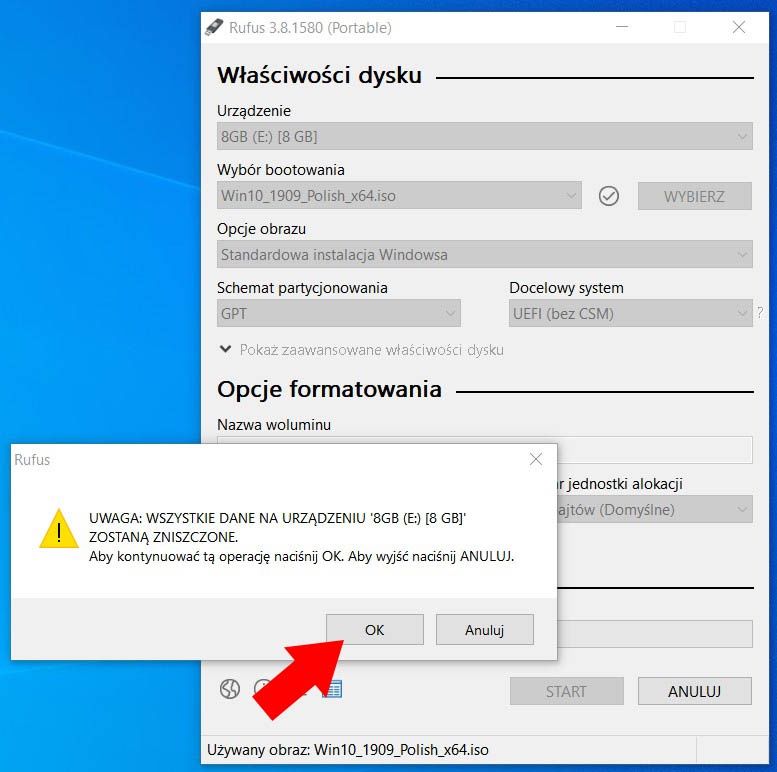 Rufus - potwierdź wymazanie nośnika