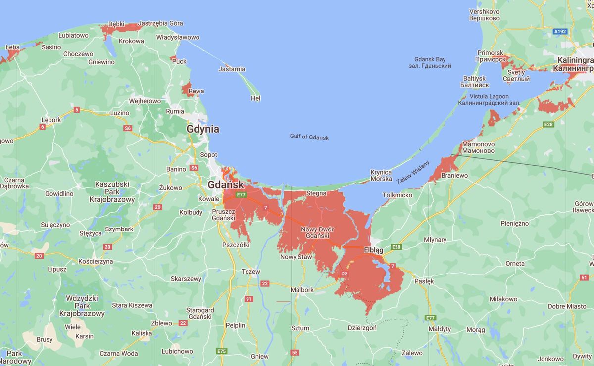 Na mapie można zaobserwować, jakie tereny w Polsce znalazłyby się pod wodą, gdyby poziom mórz wzrósł o 1,5 metra, zamiast prognozowanego metra. Woda zabrałaby wielkie połacie Gdańska, Nowego Dworu Gdańskiego i Elbląga oraz Szczecina.