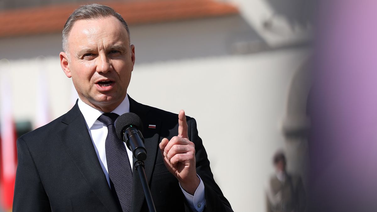 In Krakow, Poland, on April 13, 2025, Andrzej Duda, President of Poland, speaks after laying a wreath in front of the Katyn Cross at Father Adam Studzinski Square on the Day of Remembrance of the Victims of the Katyn Massacre. (Photo by Klaudia Radecka/NurPhoto via Getty Images)