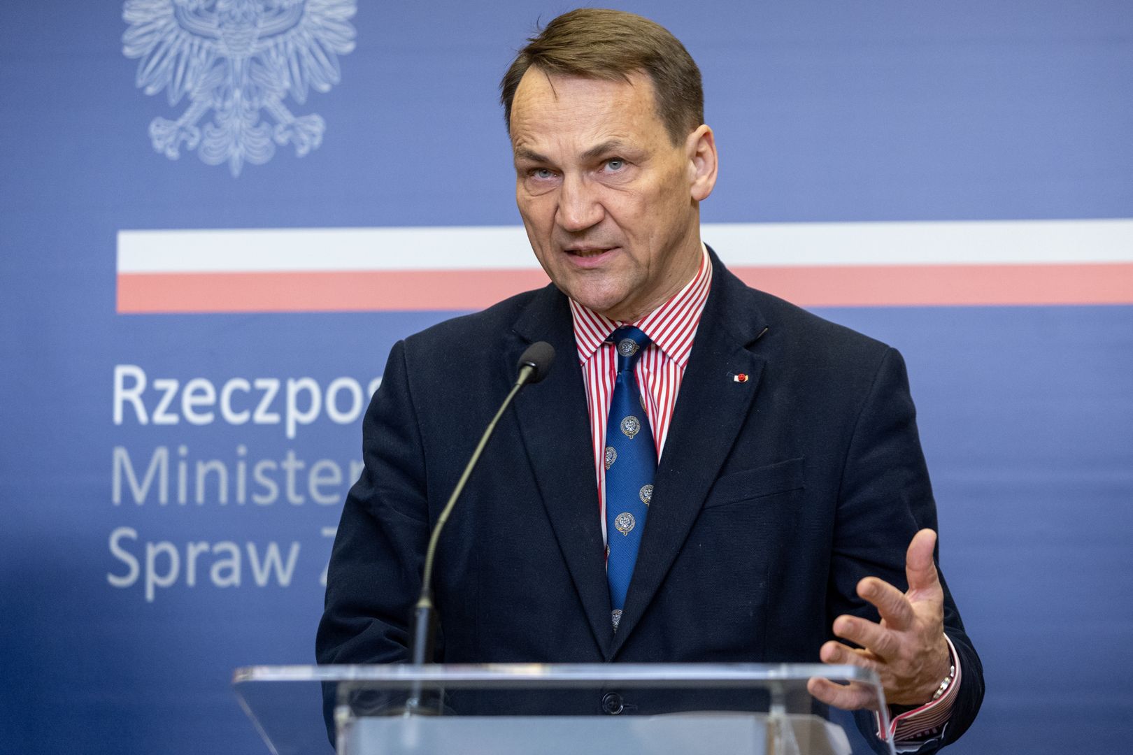Radoslaw Sikorski, the Minister of Foreign Affairs of Poland, is speaking at a press conference in Warsaw, Poland, on January 15, 2024. (Photo by Foto Olimpik/NurPhoto via Getty Images)