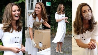 Zamaseczkowana Kate Middleton w szmizjerce za 9 tysięcy rozpakowuje paczki w fundacji charytatywnej. Piękna? (ZDJĘCIA)