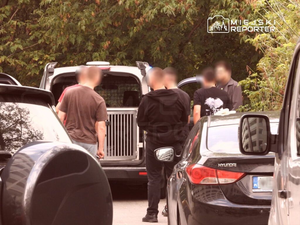 Grupa mężczyzn rozmawia przy otwartym bagażniku samochodu dostawczego, w tle stoją zaparkowane pojazdy.