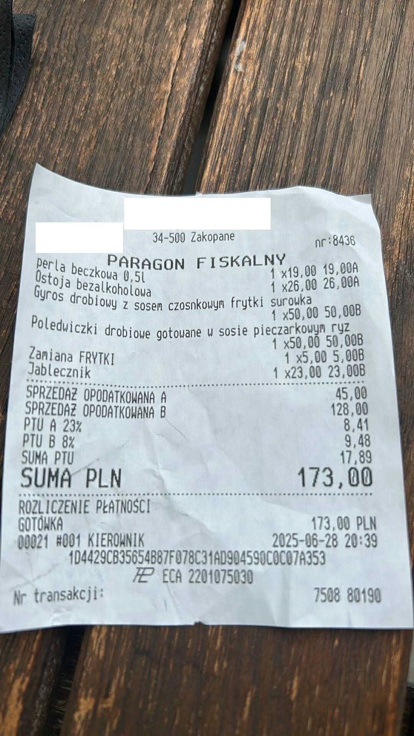 Paragon z restauracji w centrum Zakopanego