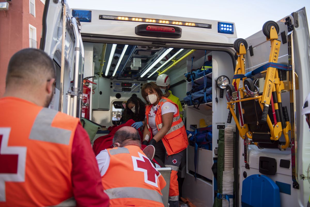 WATERSHED, SPAIN - MAY 18: Red Cross professionals during a fire drill at the Cuenca Cathedral on May 18, 2022, in Cuenca, Castilla-La Mancha, Spain. The drill, carried out by the Territorial Emergency Plan of Castilla-La Mancha (Platecam), involved closing the Old Town to vehicles for the duration of three hours. The objective of this action, in which more than 200 people are expected to participate, is to improve the joint organisation of different emergency services. (Photo By Lola Pineda/Europa Press via Getty Images)