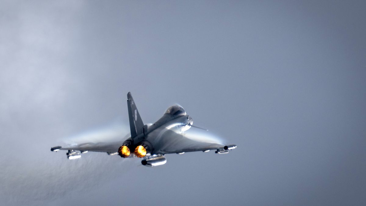 CONINGSBY, ENGLAND - MAY 16: A British Royal Air Force Eurofighter Typhoon fighter aircraft flies at RAF Coningsby on May 16, 2023 in Coningsby, England. RAF Coningsby is home to three front-line Eurofighter Typhoon FGR4 units, No. 3 Squadron, No. 11 Squadron and No. 12 Squadron. It is also the training station for Typhoon pilots. (Photo by Christopher Furlong/Getty Images)