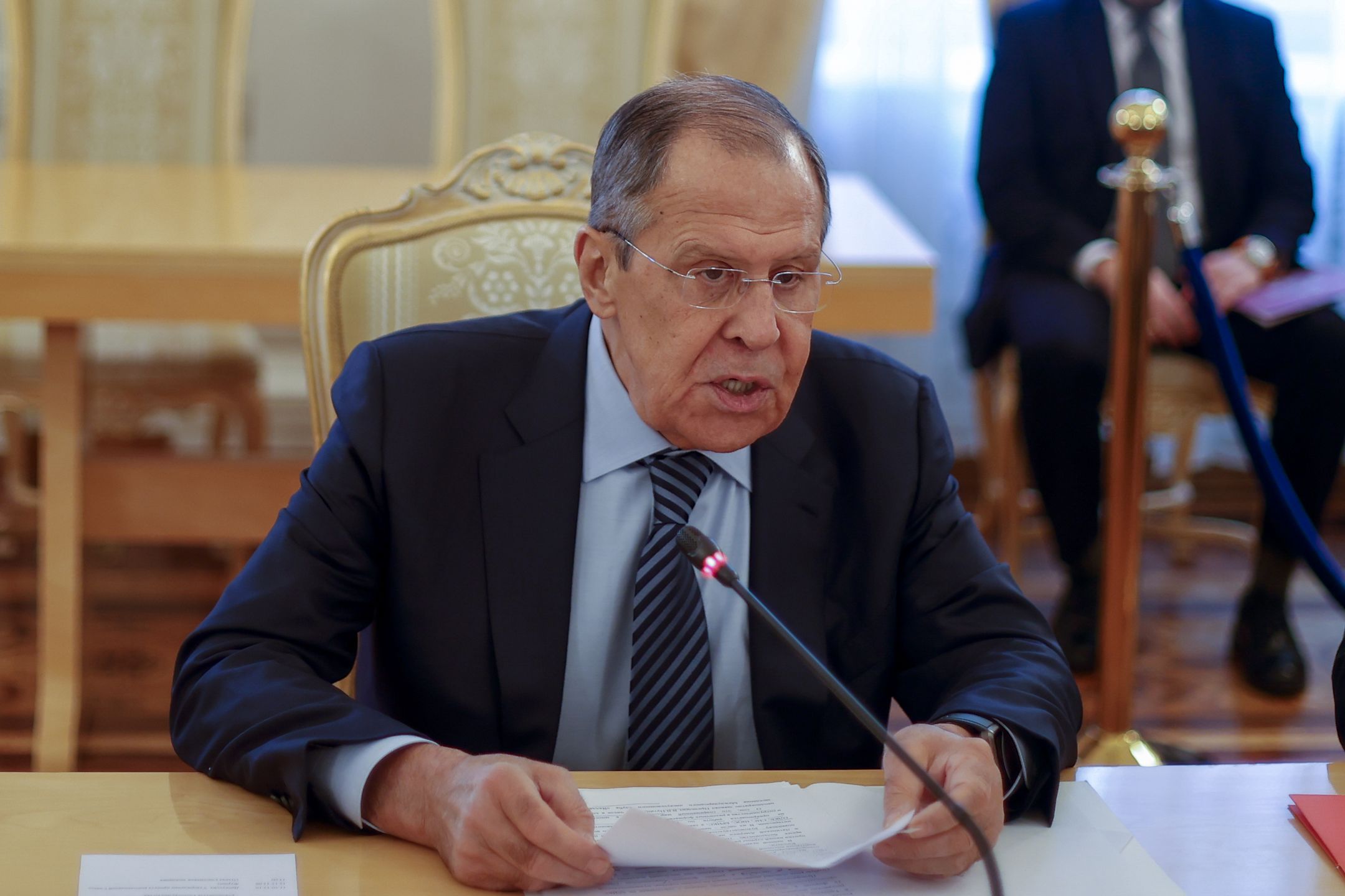 MOSCOW, RUSSIA - NOVEMBER 18: Russian Foreign Minister Sergey Lavrov speaks at the council meeting with governors and public administrators in Moscow, Russia on November 18, 2022. (Photo by Sefa Karacan/Anadolu Agency via Getty Images)