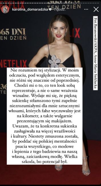 Krytyczka mody oceniła także stylizację głównej gwiazdy filmu, Anny Marii Siekluckiej