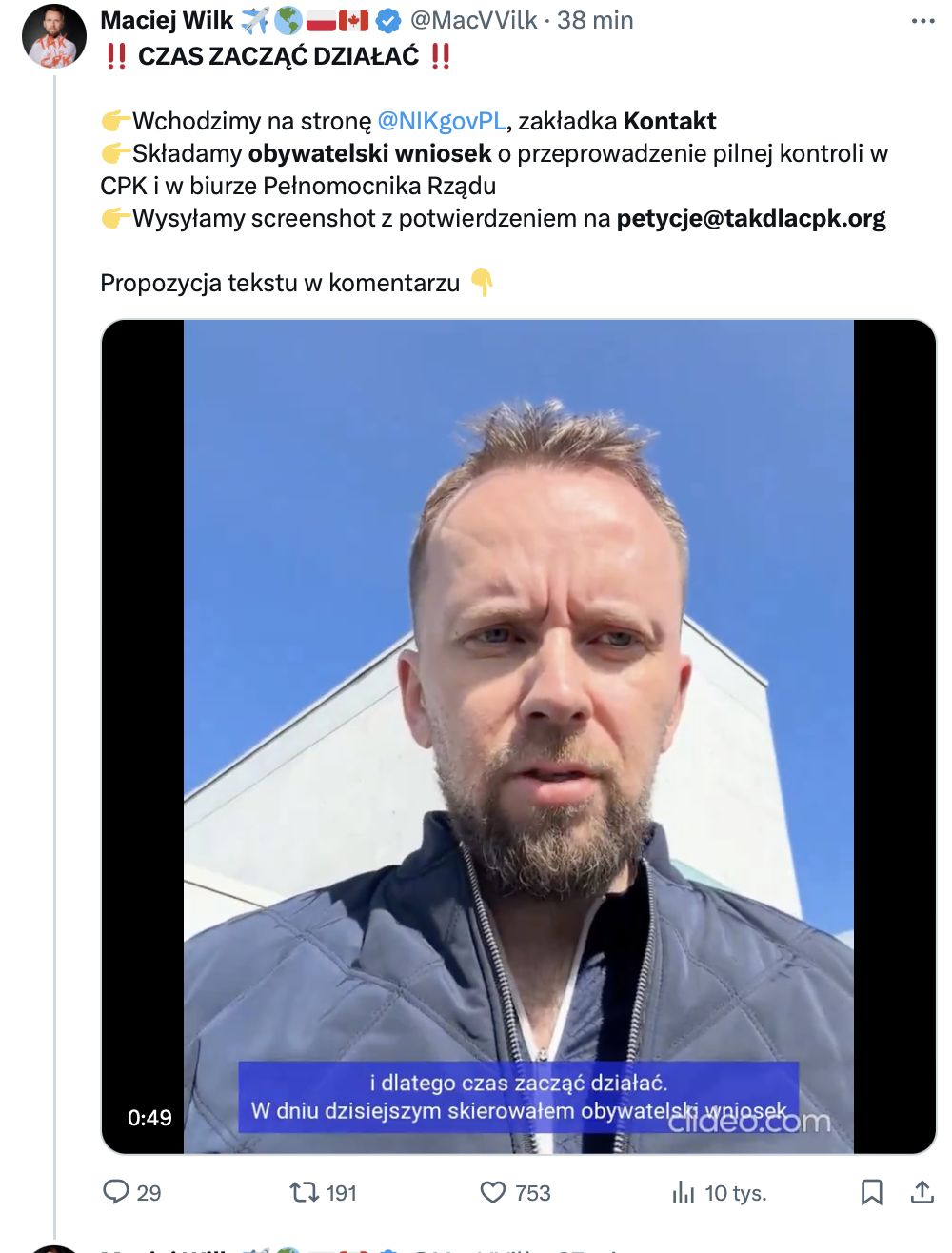 Wpis Macieja Wilka na platformie X