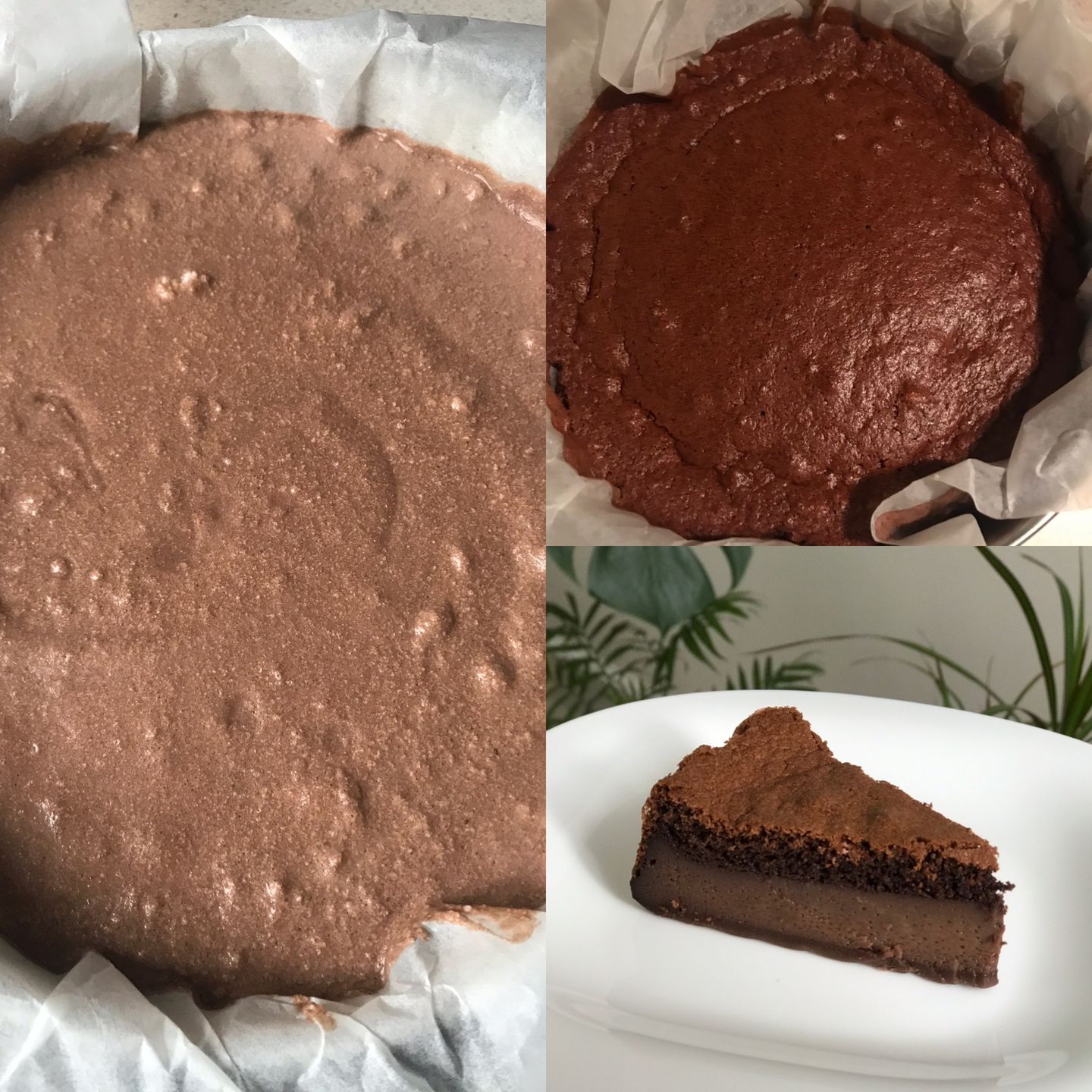 Ciasto przed włożeniem do piekarnika, po wyjęciu z piekarnika i po przekrojeniu.